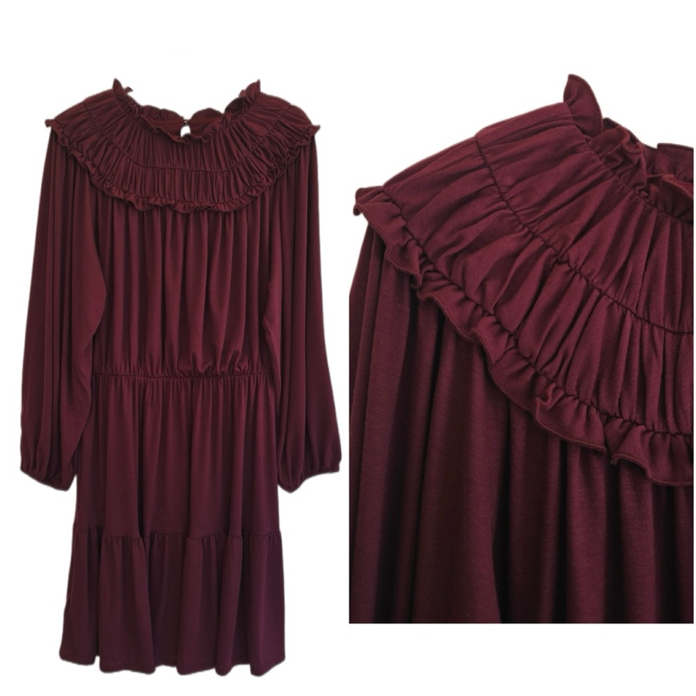 Ann Taylor Burgundy Ruffle Long Sleeve Dress NWT - Size M #204